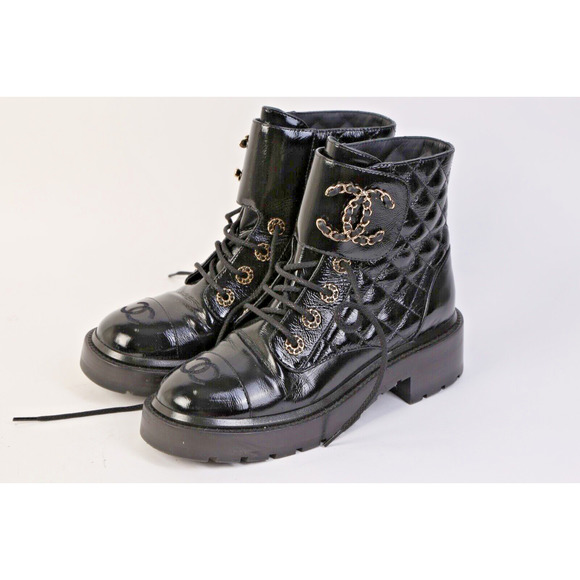 CHANEL Black Logo Quilted Patent Leather Combat Ankle Boots Booties Size 36 - Picture 11 of 14